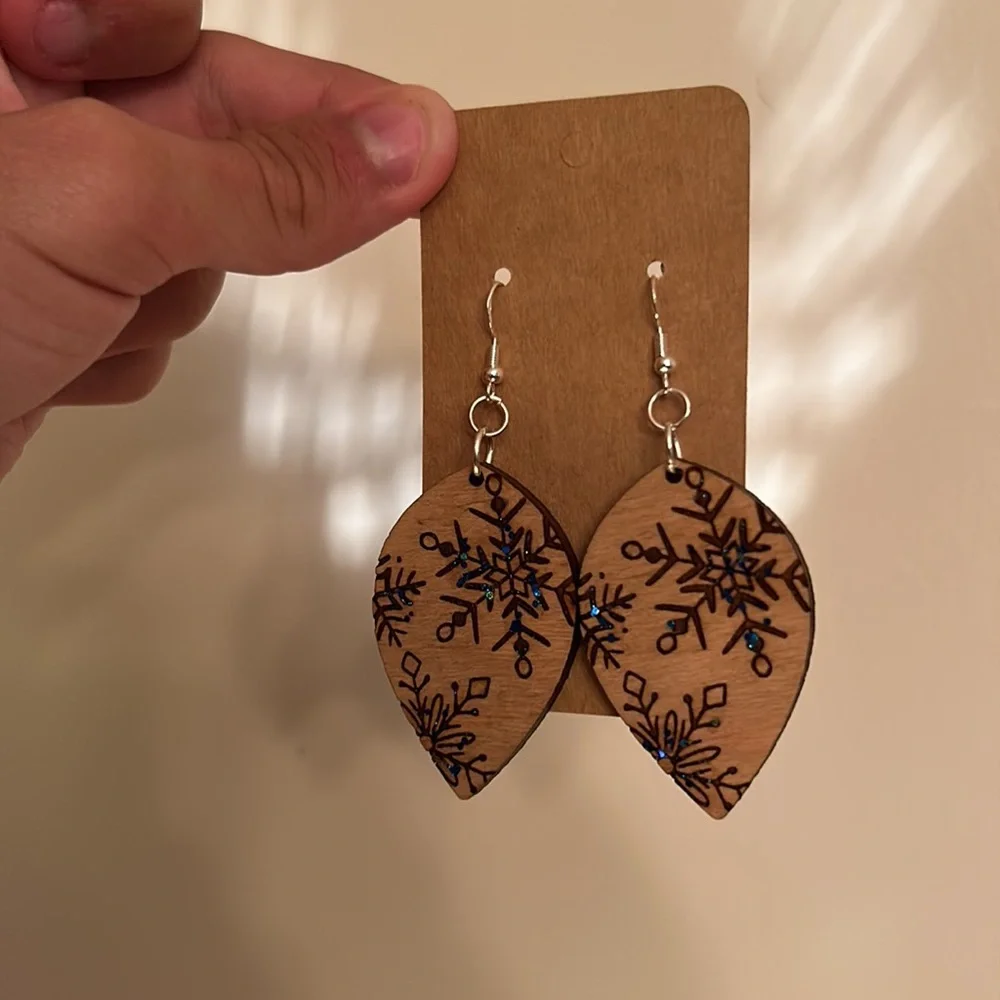 Engraved Wooden Snowflake Earrings Blue Sparkle Winter Artisan Dangle Statement - Picture 9 of 10
